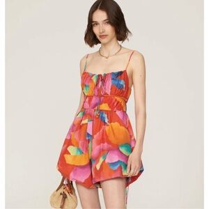 Farm Rio Romper Womens Medium Red Floral Ombre Chita Poplin Bubble Hem